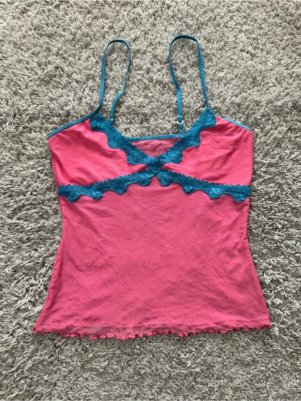 Y2K Pink Lace-Trim Cami Tank Top with Teal Accents
